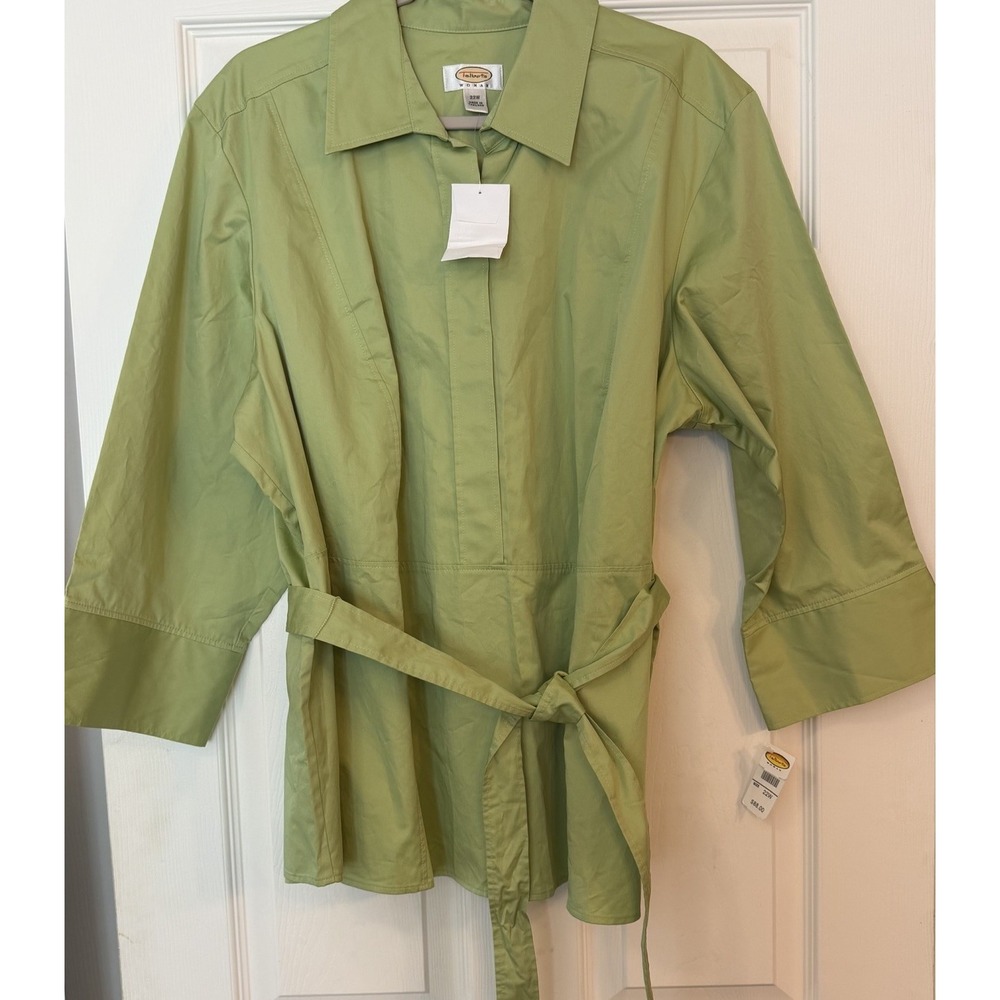 NWT Talbots Woman‎ Blouse Tunic 22W Belted Green 100% Cotton Business 3/4 Sleeve
